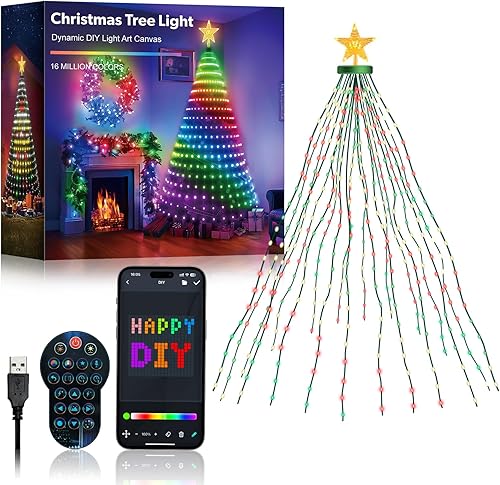 Luces inteligentes para árbol de Navidad, 7 pies, 400 LED, cascada que cambia de color, luces de árbol de Navidad con anillo y estrella superior,