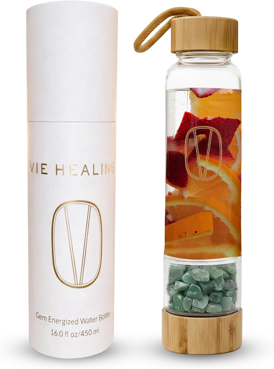 Vie Healing Gem Infused Aventurine Crystal Water Bottle, 16oz | Crystal Glass Bottle for Mindful Hydration, Daily Balance & Style | Eco Friendly Reusable Water Bottle for Home, Office, Gym & Travel