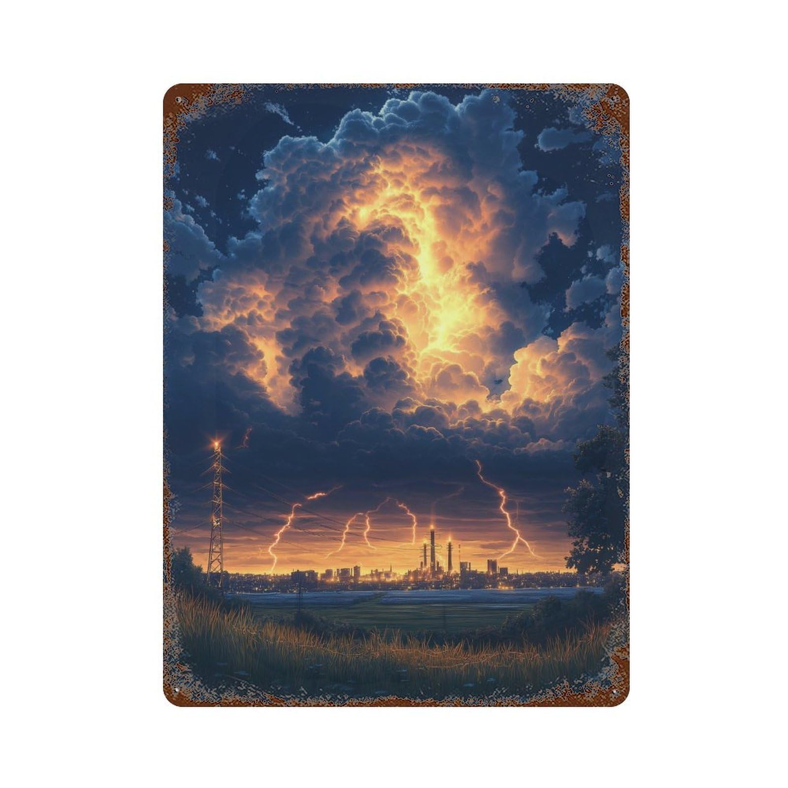 Garage Style Thunderstorm Cityscape Distressed Metal Wall Sign 15.7"x11.8", Shabby Chic Decor for Bar And Workshop