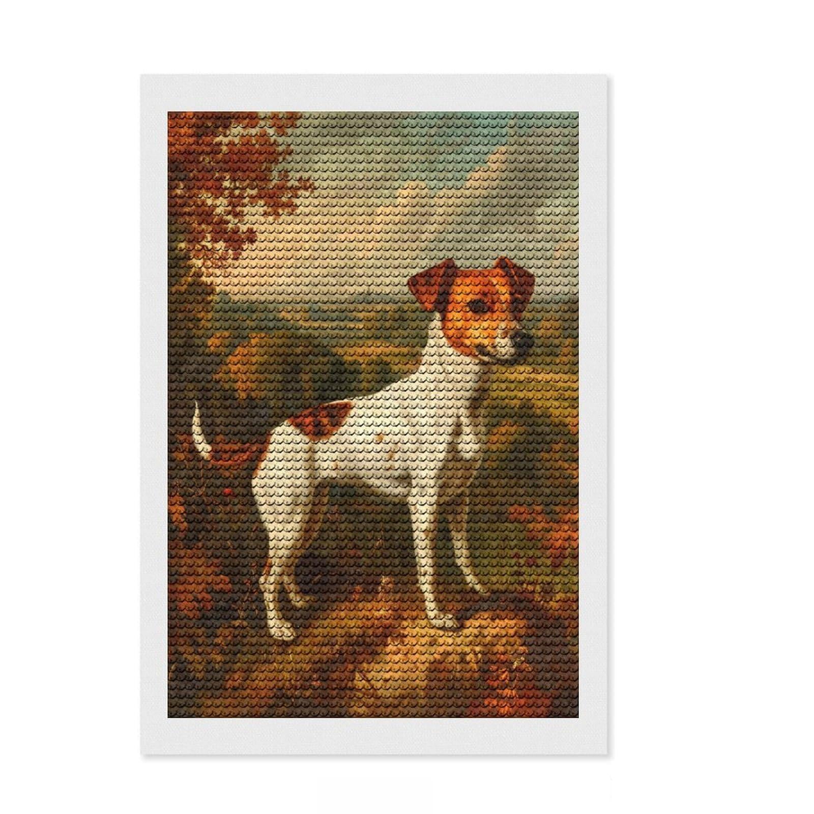 Junmoney Retro Jack Russell Terrier Diamond Painting Set 8"x12", Sparkling Round Gems, Satisfying Creative Project, Fun Craft Experience, Office Decor