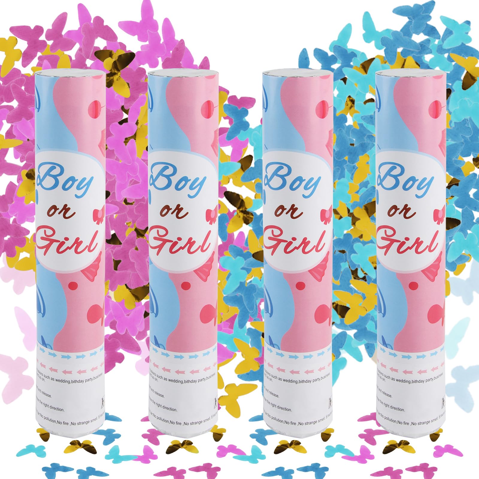 badaren Confeti Gender Reveal, Cañon Confeti, Confeti 2 rosa y 2 azul, Cañones de Confeti, Cañón De Confeti, Lanzador Confeti, Baby Showers, Cumpleaños-28cm (Mariposa)