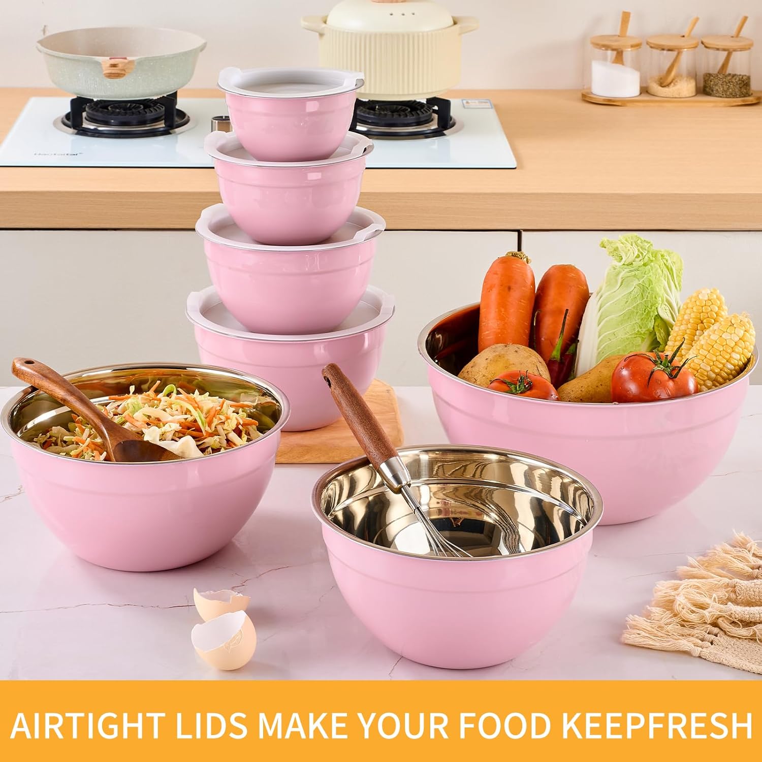 Pink Mixing Bowls with Airtight Lids, Stainless Steel Nesting Mixing Bowls Set of 7, Ideal for Baking, Prepping and Serving Food, Size 7, 3.6, 2.7, 2.1, 1.5, 1.1,0.8 QT, Stackable Design