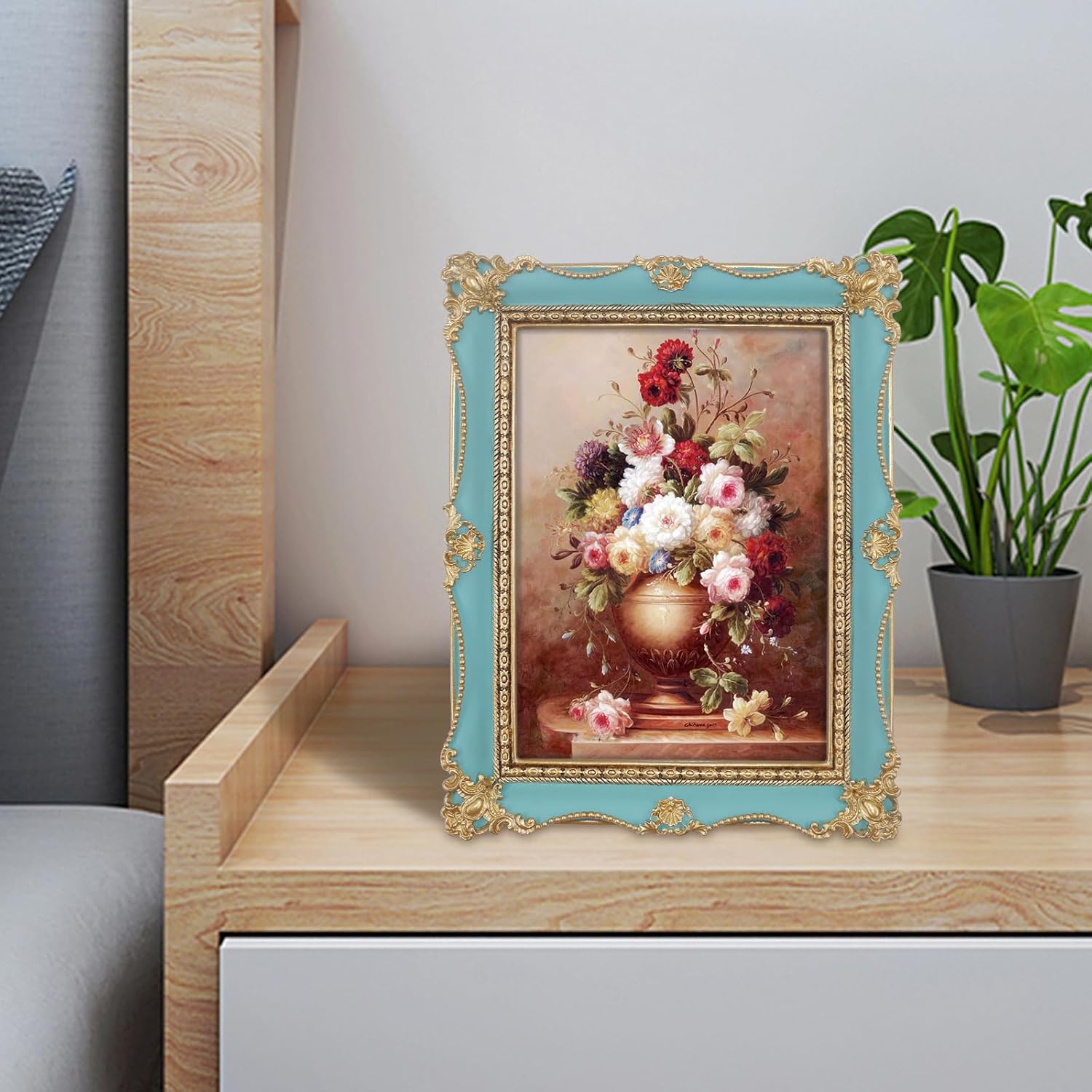 Vintage 5x7 Picture Frame for Gallery Wall and Tabletop, Antique Style Photo Frames in Hand Painted Blue with Gold Accents, French Cottage Home Décor for Desk Mantel Shelf