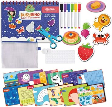 DINO MINI BusyDino - Busy Book for Toddlers 3-5 - Toddler Activity Book with Cutting Activities - Montessori Toys for 3 Year Old - Includes Child-Safe Scissors and Wipe-Clean Markers