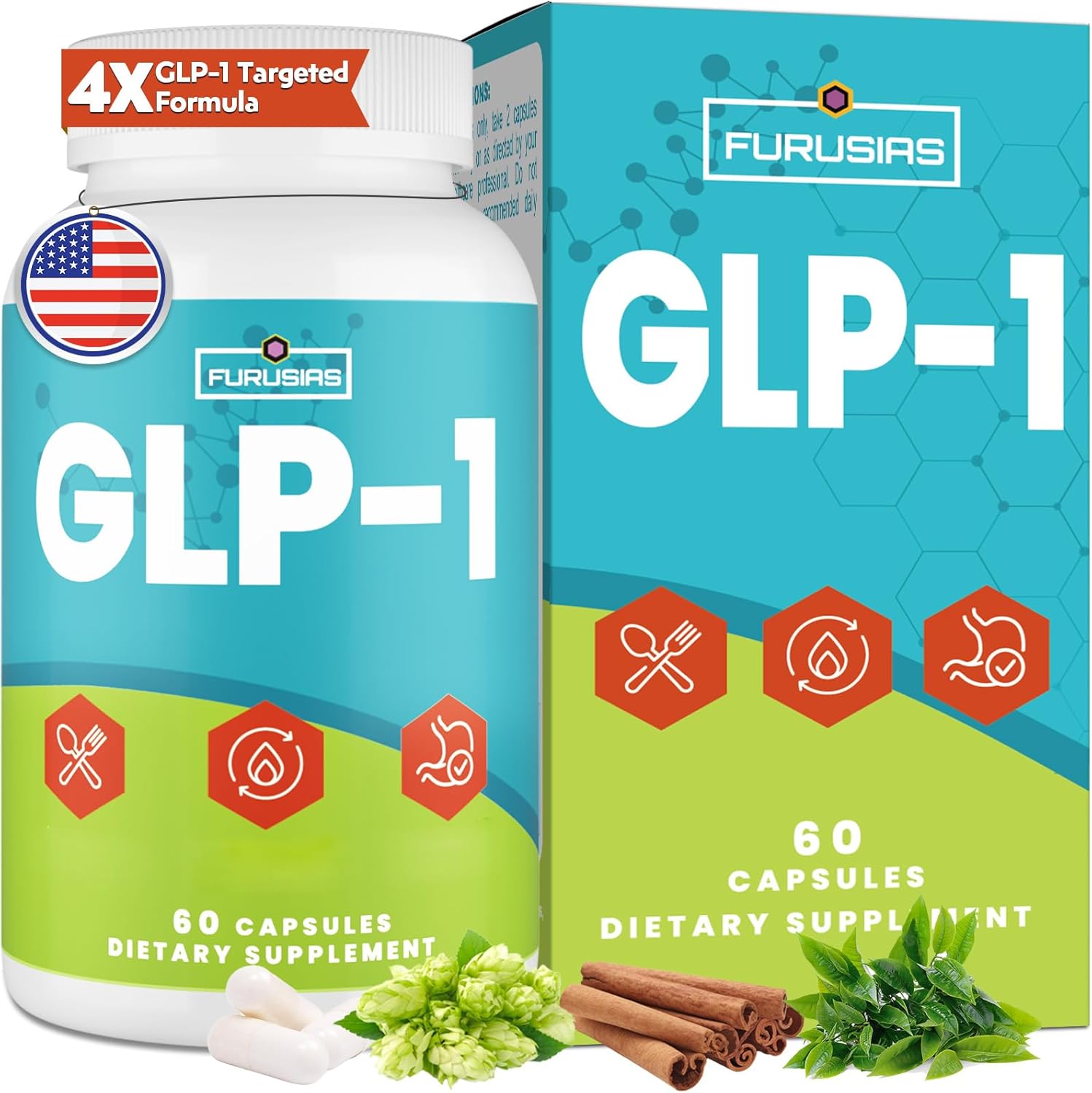 GLP-1, 16 in 1 GLP-1 Supplement for Women & Men, 4X GLP-1 Targeted Formula with Hops, Green Tea Extract & Cinnamon Bark, GLP for Gut, Digestion & Overall Health, Vegan, 60 Caps