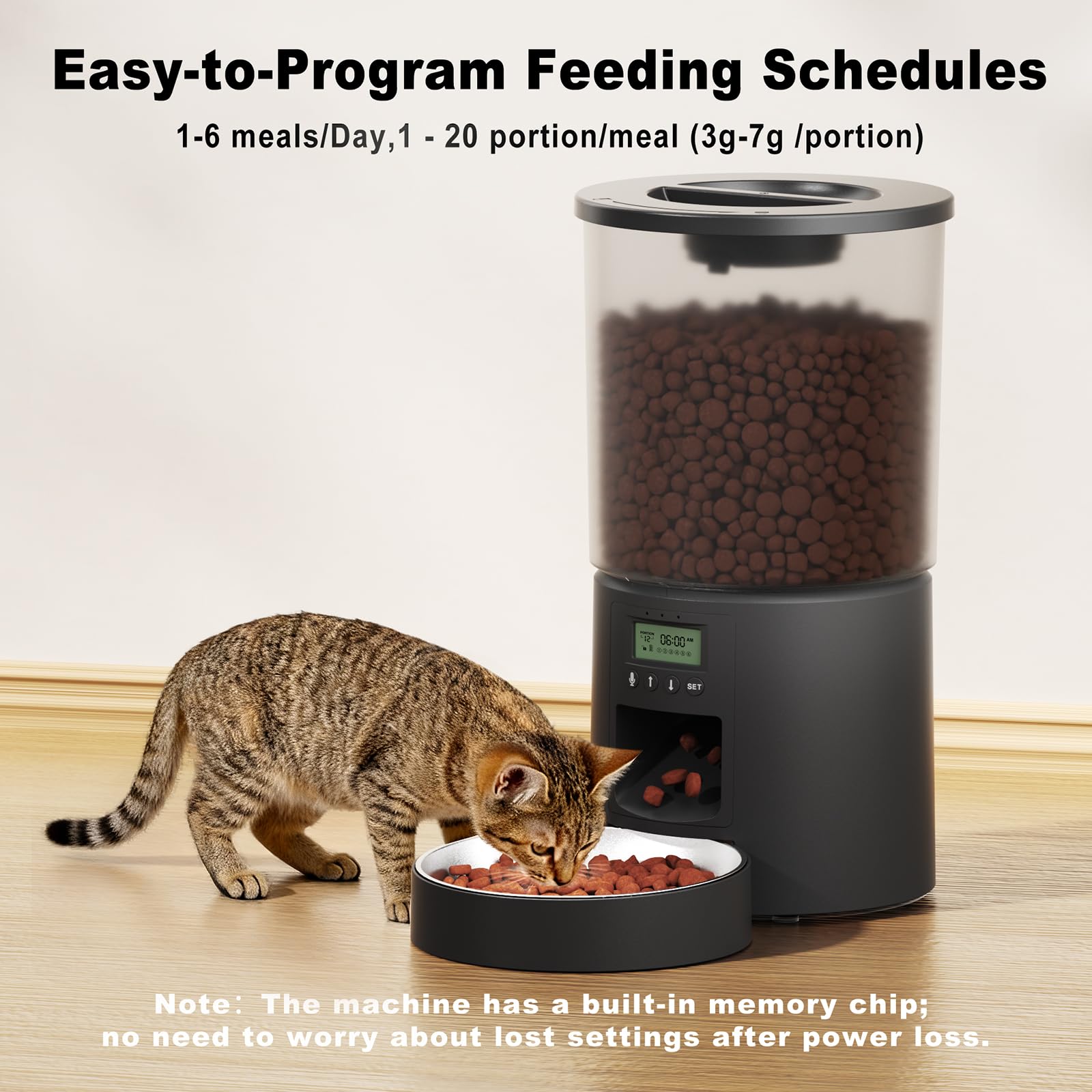 Automatic Cat Feeder 4.2L,6 Meals/Day,Dual Power Portion Control Feeder,Dry Pet Food Auto Dispenser,Timer Setting,10S Voice Record (Transparent Black, Stainless Steel Bowl) - image 7