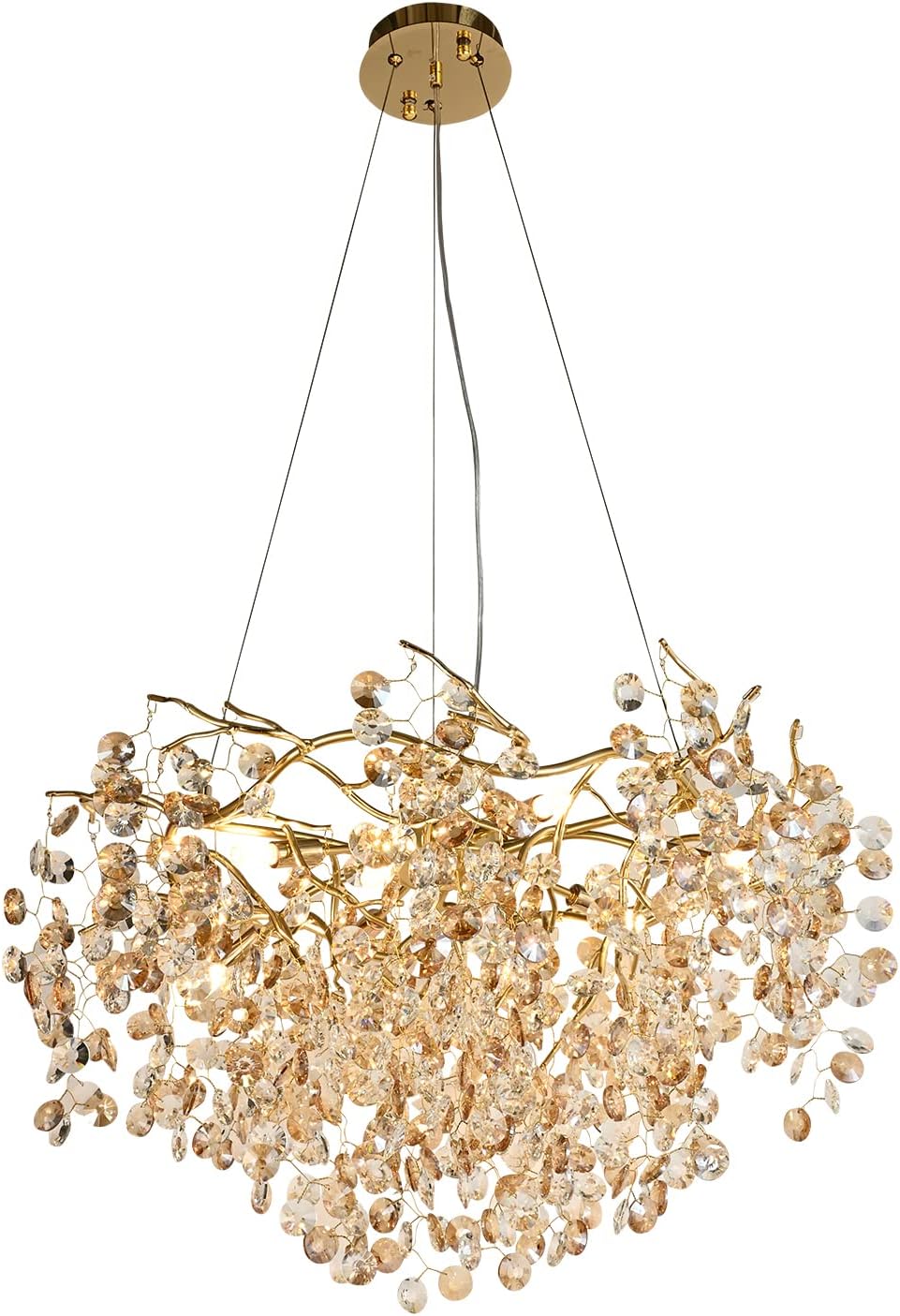 Crystal Gold Chandelier Modern Round Ceiling Pendant Light Fixture Tree Branch Chandeliers for Living Room Dining Room Kitchen Bedroom Hotel