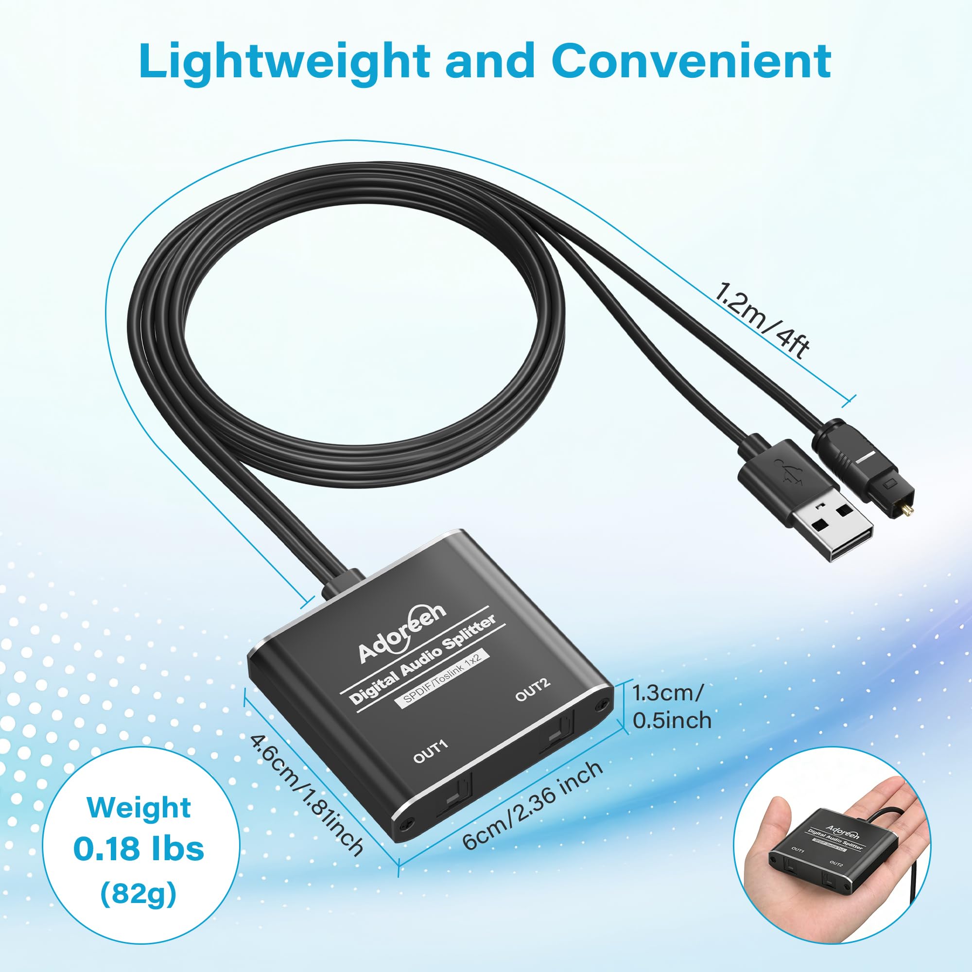 Sdoppiatore audio ottico digitale a 2 vie, 1 ingresso e 2 uscite, Toslink SPDIF in fibra ottica con alimentazione USB, LPCM 2.0, PCM, Dolby, DTS 5.1 per HDTV, Home Theater, Soundbar, ricevitore