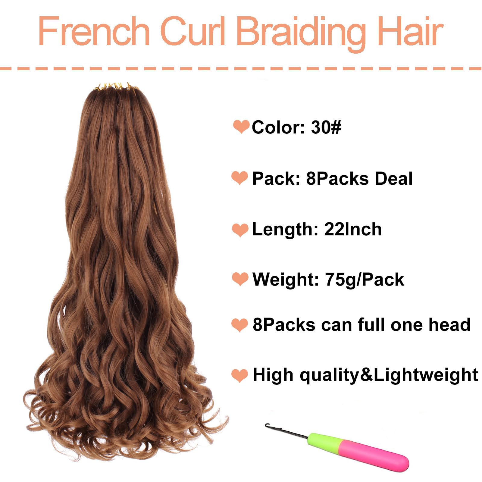 Mscat 22 Inch 8 Packs Pre Stretched French Curly Braiding Hair Loose Wave Bouncy Hair Extensions 30#, 22 Inch (Pack of 8) - Image 2