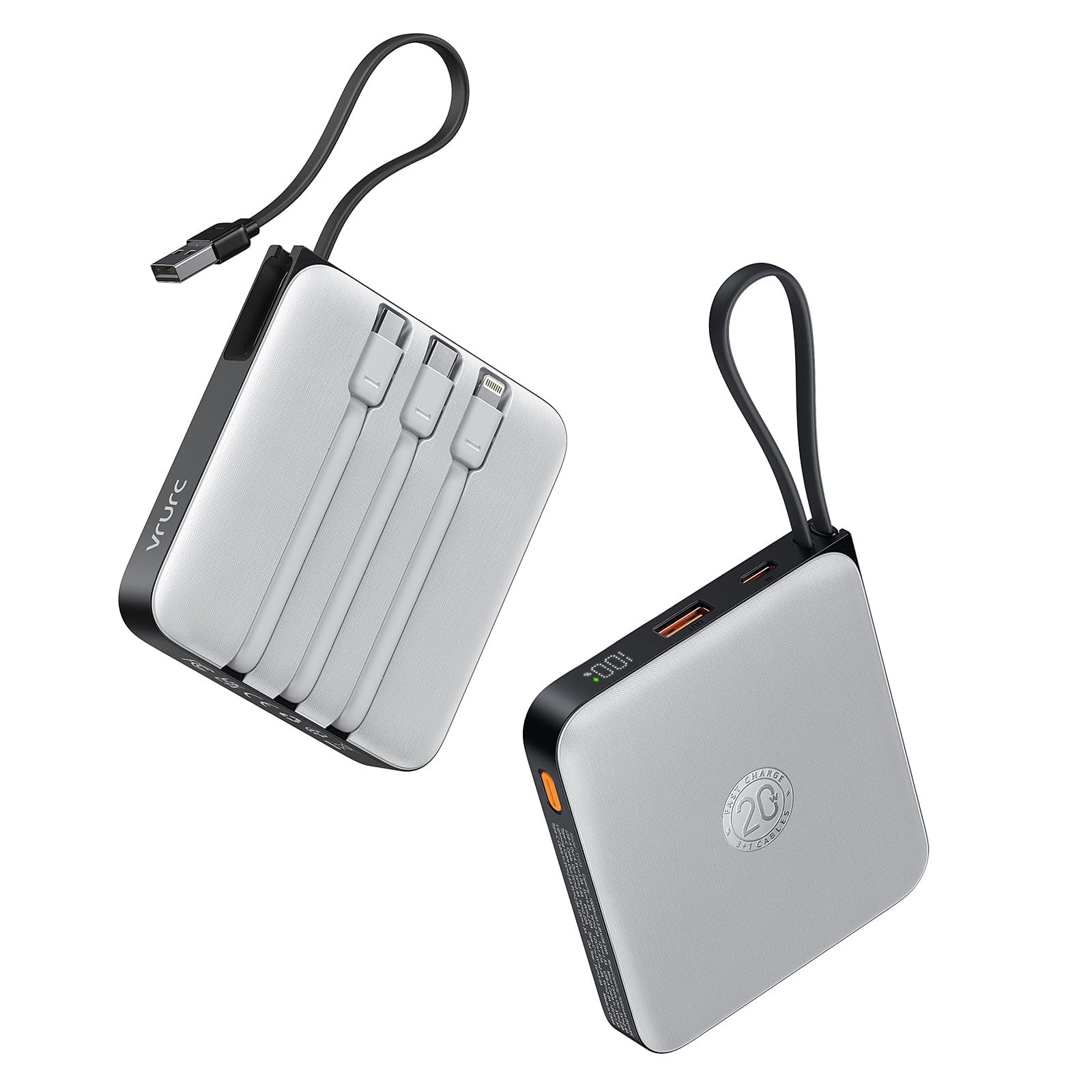 VRURC Power Bank - Batería externa (20000 mAh, 4 cables, carga rápida de 22,5 W) | Cargador portátil USB-C para teléfono móvil externo con indicador LED, batería QC3.0 para iPhone, Huawei, Samsung Smartphones
