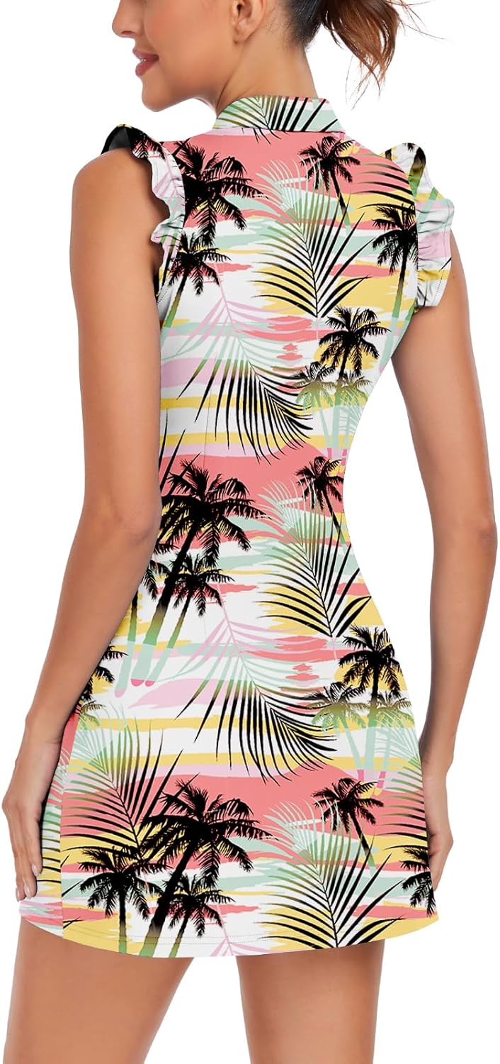 WOWENY Tennis Dress Polo Buttons Golf Dresses with Built in Shorts and Pockets Ruffle Sleeveless Athletic Workout Dress - Image 2