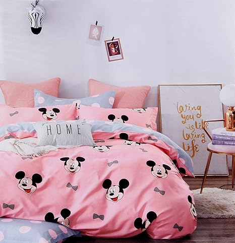 YKC Glace Cotton Mickey Mouse Cartoon Character Print Bedsheet for Kids Double Bed Boys / Girls - Sheet Size 90 x 100 inch with 2 Pillow Covers, Pink