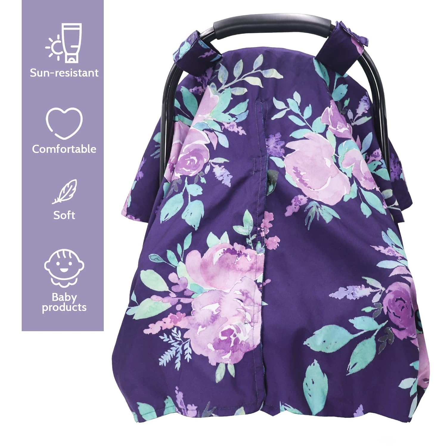 Peekaboo OpeningCar Seat Cover for Babies & Crib Sheet, Purple Flower Car seat Canopy for Boys Girls,Soft Fabric Fits Snug On Infant