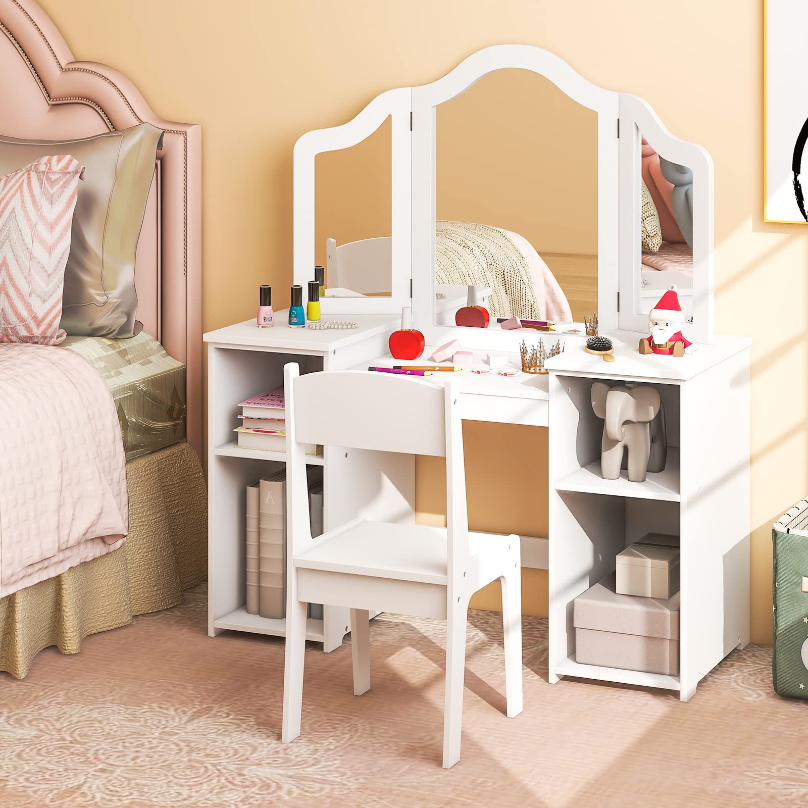 DREAMADE 2 en 1 Coiffeuse Enfants Fille avec Tabouret,Table de Maquillage Princesse avec Miroir Triptyque Amovible,4 Étagères Ouvertes (Blanc+Tabouret)