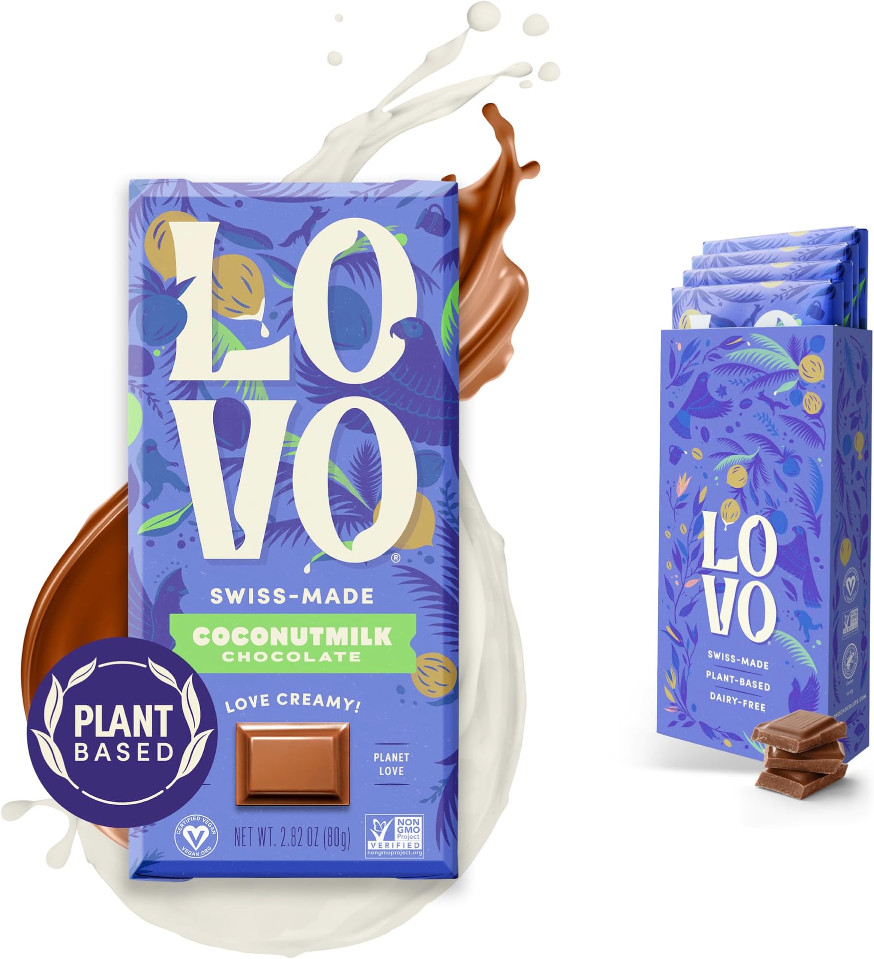 LOVO Coconutmilk Chocolate Bar, 100% Plant-Based Dairy-Alternative Milk Chocolate, Creamy and Delectable Vegan Ingredients Made With Coconutmilk, Gluten-Free, Swiss-made, RFA Certified, 2.82 oz (Pack of 4)Rainforest AllianceRainforest AllianceRainforest AllianceRainforest Alliance