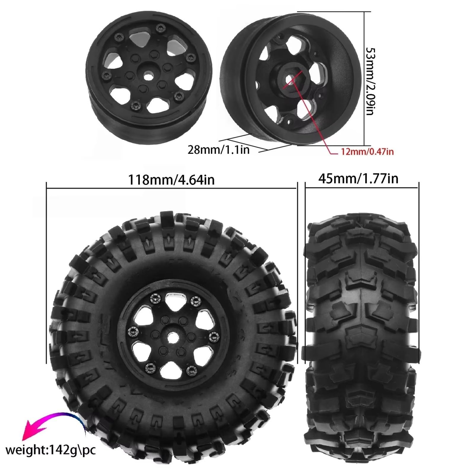 RC Pneus Jante Compatible avec Traxxas pour TRX4 D90 pour Axial pour SCX10 pour MST 1/10 RC Voiture sur Chenilles 4 Pièces 118mm 1.9 "Jante De Roue Beadlock Jeu De Pneus en Caoutchouc