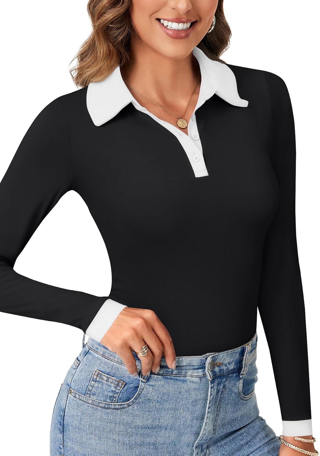 Rooscier Women's Ringer Button Down Collar Neck Ribbed Knit Long Sleeve Slim Fit Blouses Top - Image 3