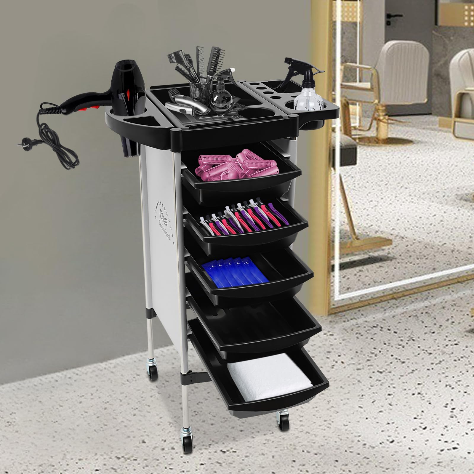 Carrito de peluquería con ruedas con 5 cajones y ruedas, carrito de trabajo peluquero para estilista peluquería peluquería peluquería spa blanco