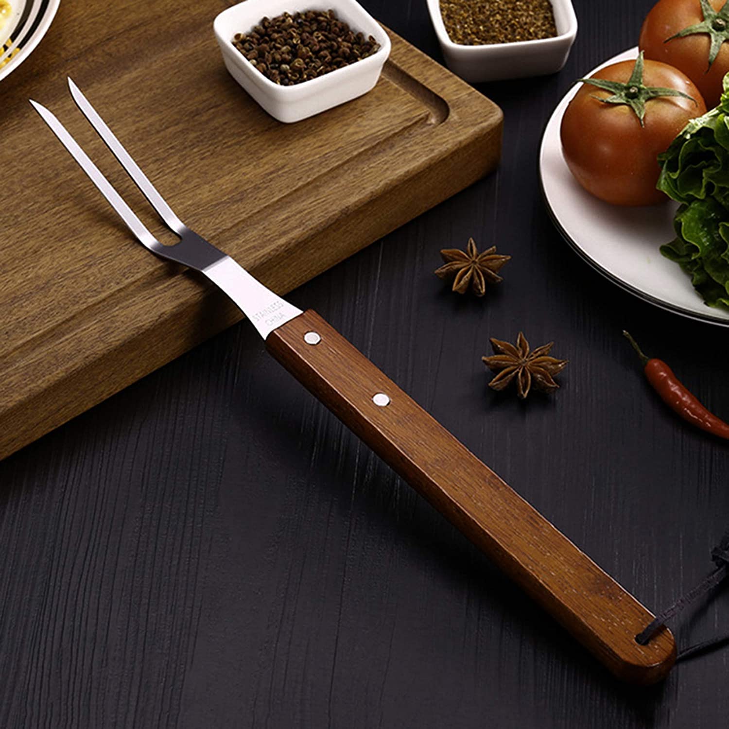 Cuchillos tenedores, tenedores de frutas, juego de cubiertos, cubiertos, tenedor de acero inoxidable for tallar carne con mango de madera, tenedor de barbacoa for barbacoa, cocina, pavo asado, cena, f