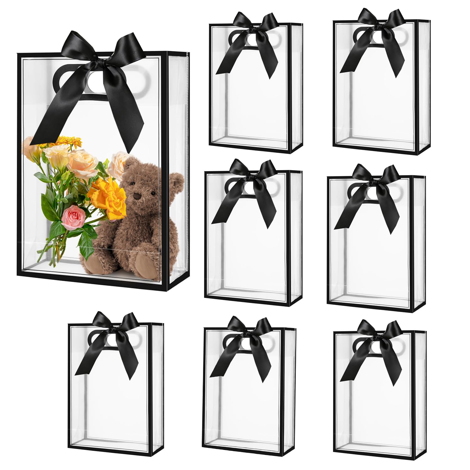 16 Pcs Clear PVC Gift Bag with Handles Ribbon Plastic Party Favor Bags Reusable Transparent Bags for Wedding Bridal Baby Shower Birthday (Red, 18 x 26 x 8 cm)