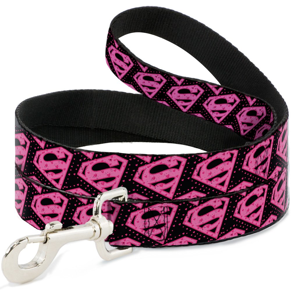 Buckle-Down Dog Leash Diagonal Superman Logo Hearts Black Pink Available In Different Lengths And Widths For Small Medium Large Dogs and Cats, 6 Feet