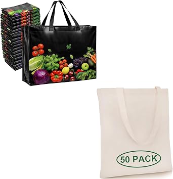 Simply Cool Laminated 50 pack 13x12.6x7.25 inches and Cotton Beige Reusable Tote Bags 13x15 inches 50 Pack Grocery shopping Bags bulk Bundle