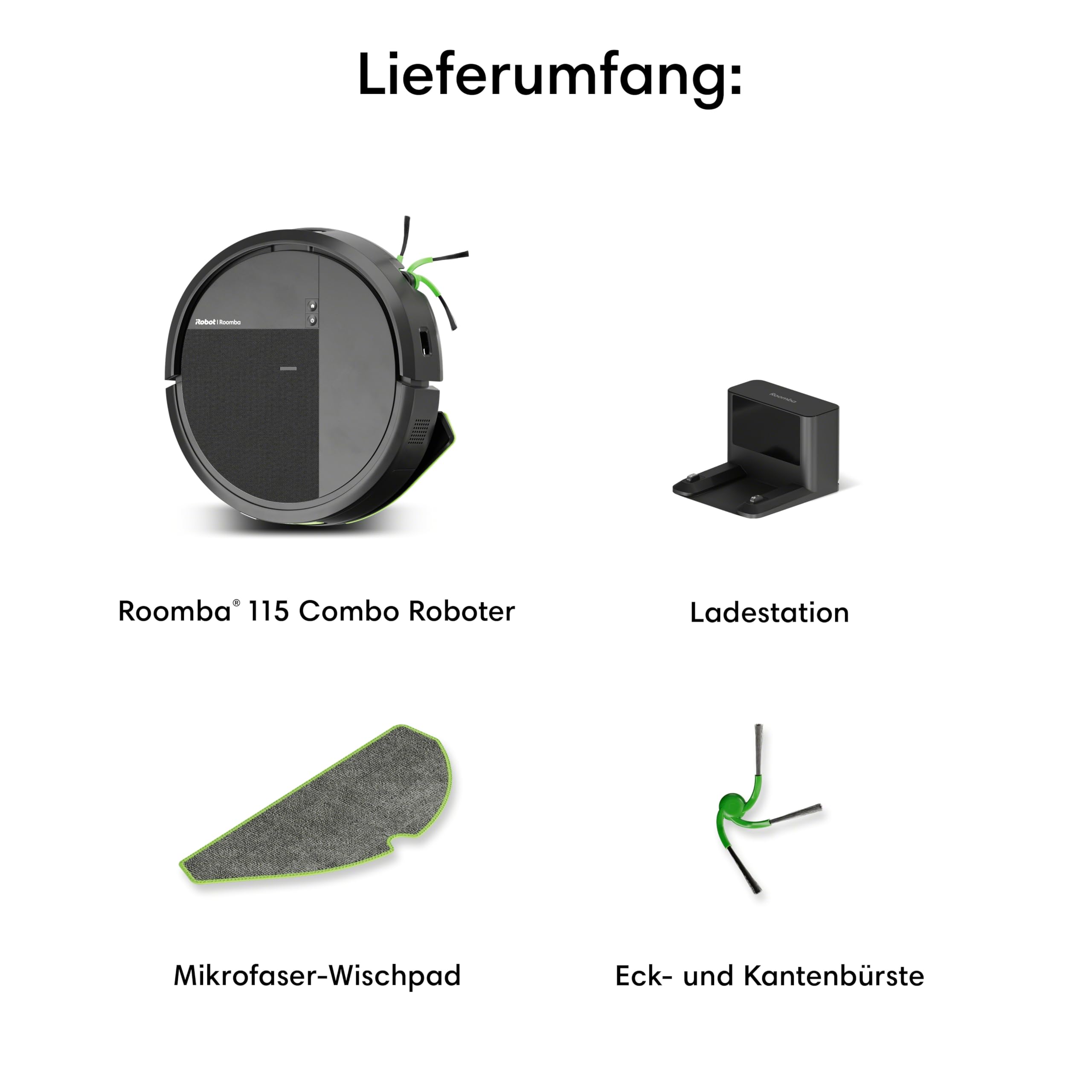 iRobot Roomba® 115 Combo Saug- und Wischroboter, 15k Pa Saugleistung, Bürsten und Wischpad reichen, Navigation mit Clearview™ LiDAR, Schwarz