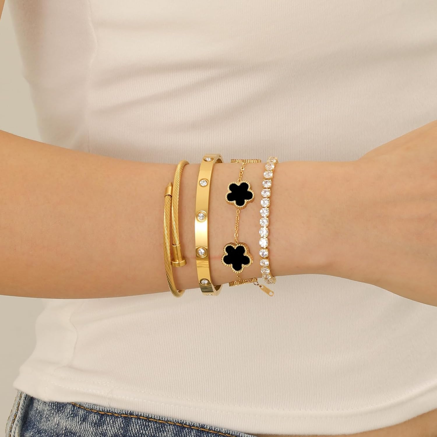 Gold Bracelets for Women, 18K Gold Plated Women Tennis Bracelets Clover Nail Love Bangle Bracelet Set, Gold Bracelet Stackable Set Trendy Jewelry, Gifts for Women's Day and Mother's Day - Image 3