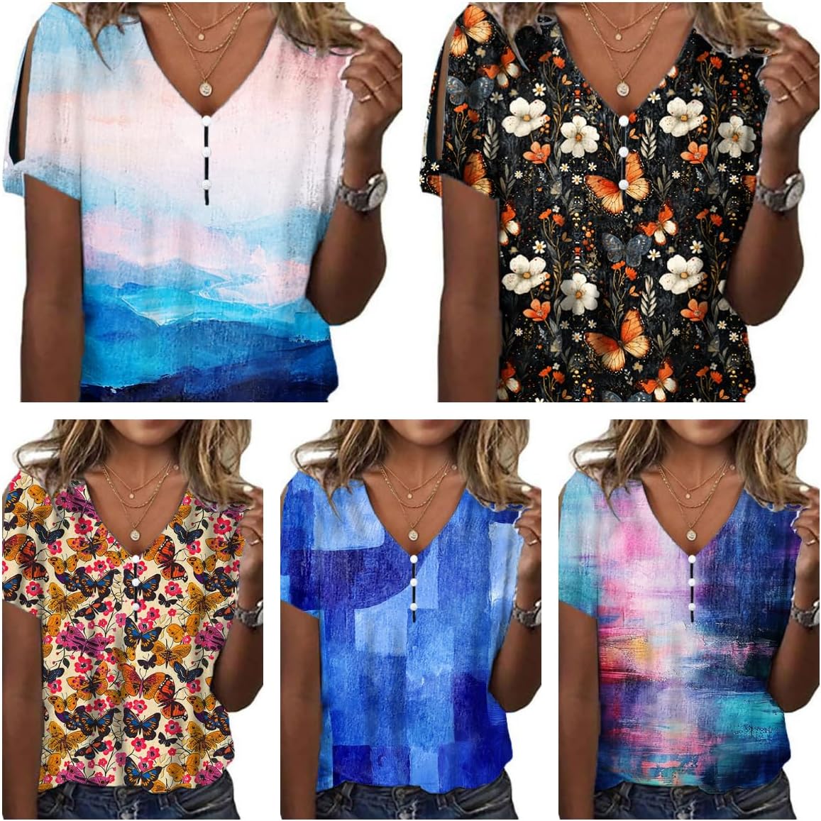 Boho Tops for Women Hippie Cold Shoulder Tops for Women Tops Casual T Shirts Tops Sexy Elegant V Neck Short Sleeve - Image 4