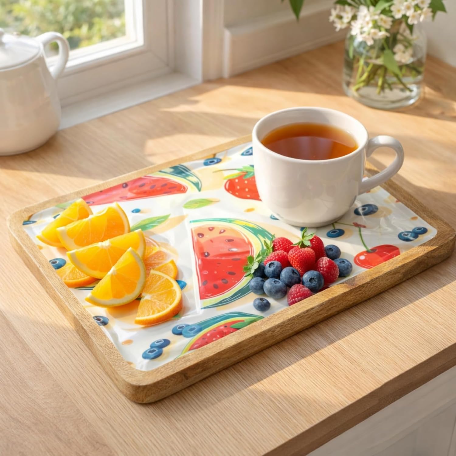 SS CRAFTS INDIA Premium Mango Wood Serving Board – 12x18 Inch Wooden Platter with Fruit Designer Print & Food-Safe Enamel Coating – Luxury Charcuterie Tray for Home, Cafe & Gifting