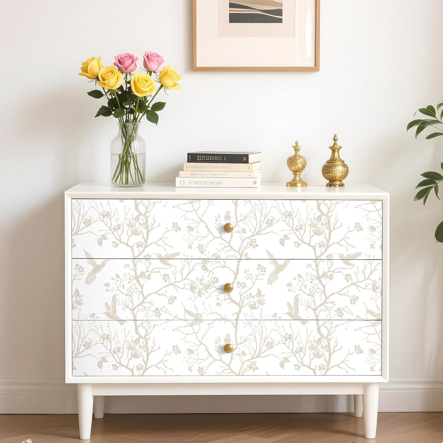 FunStick Vintage Beige White Floral Wallpaper Peel and Stick Cottage Farmhouse Bird Wallpaper White Floral Contact Paper for Cabinets Removable Renter Friendly Wall Paper for Bathroom Walls Waterproof