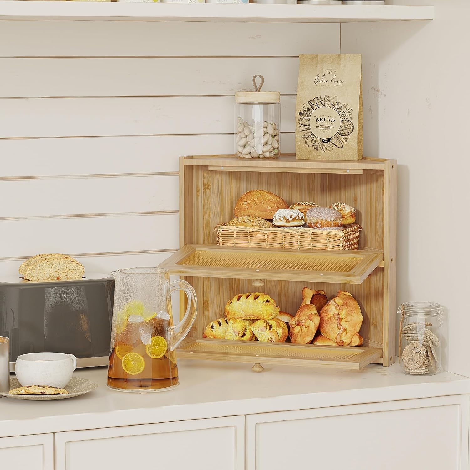 BAMBANG Panera esquinera para encimera de cocina, contenedor de almacenamiento de pan de bambú de doble capa con ventanas onduladas, panera grande de granja, soporte de madera para pan casero, natural