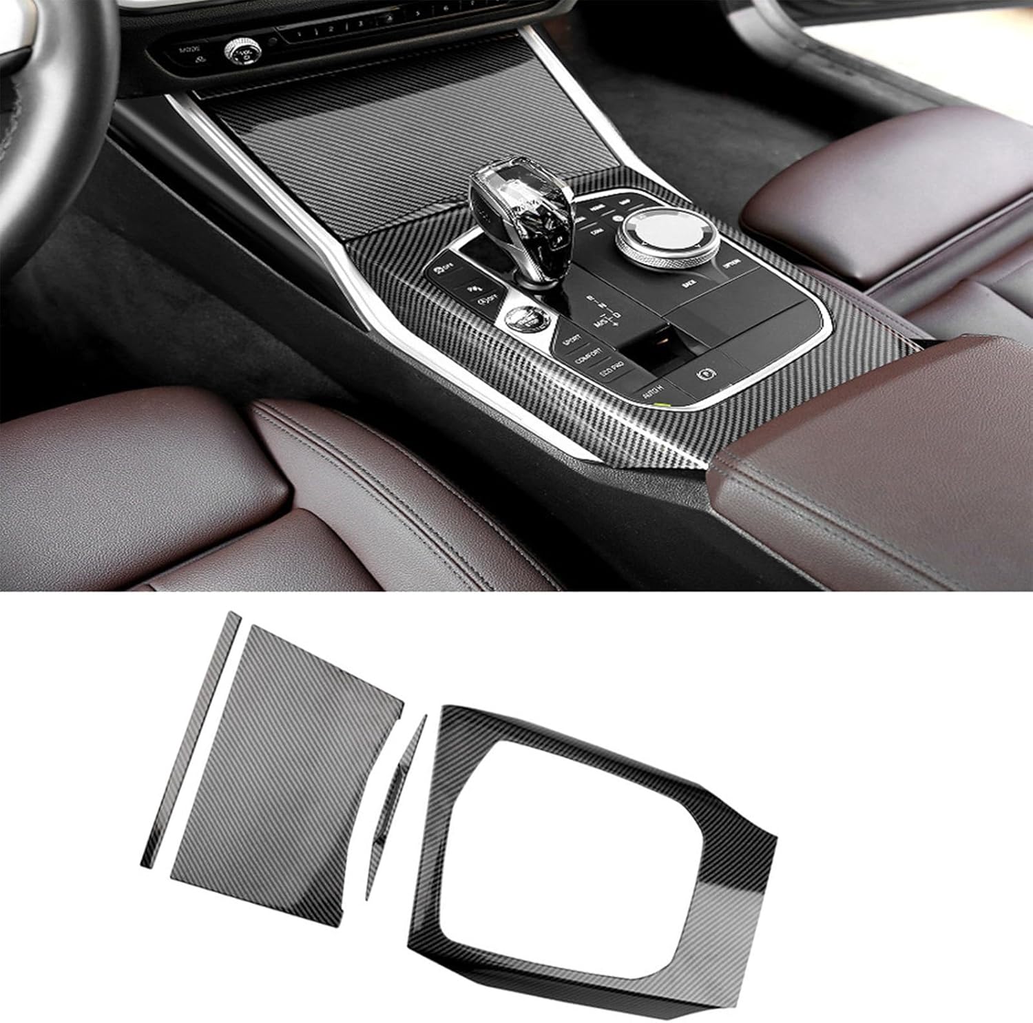 Center Console Gear Shift Knob Panel Cover for BMW 3 4 330i 340i Series G20 G21 G22 G23 2020-2025,Carbon Fiber Pattern Control Gear Box Shift Panel Frame Trim Interior Accessories (ABS Plastic)