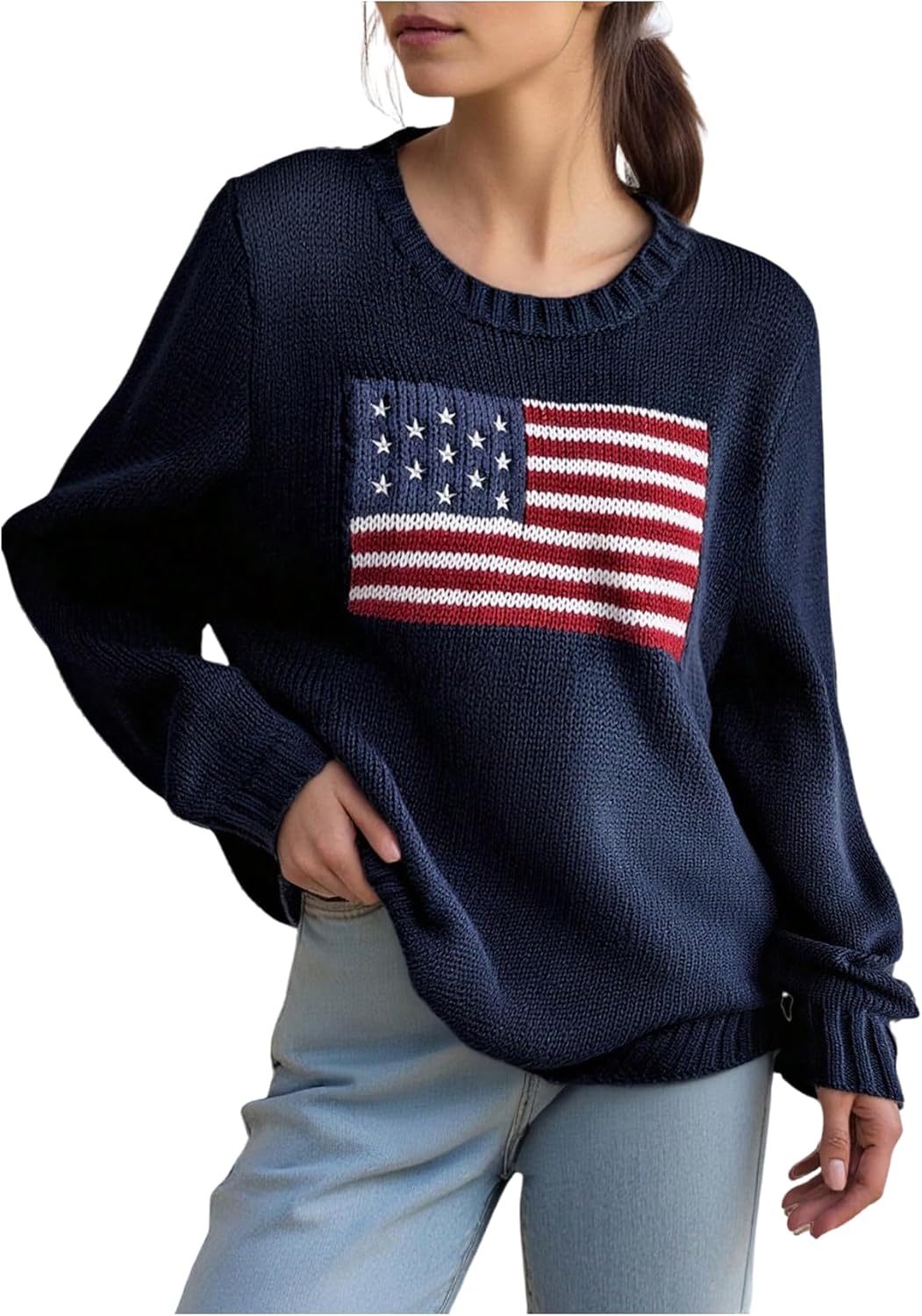SweatyRocks Girl's American Flag Graphic Sweater Casual Crewneck Long Sleeve Knit Pullover Tops