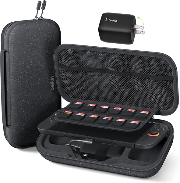 Belkin Gaming Charger Case (Charcoal) w/ 10,000mAh Power Bank + Anti-Reflective TemperedGlass Screen Protector Bundle for Nintendo Switch 2 - Travel Essentials w/AirTag Holder, Game Storage & More - 5