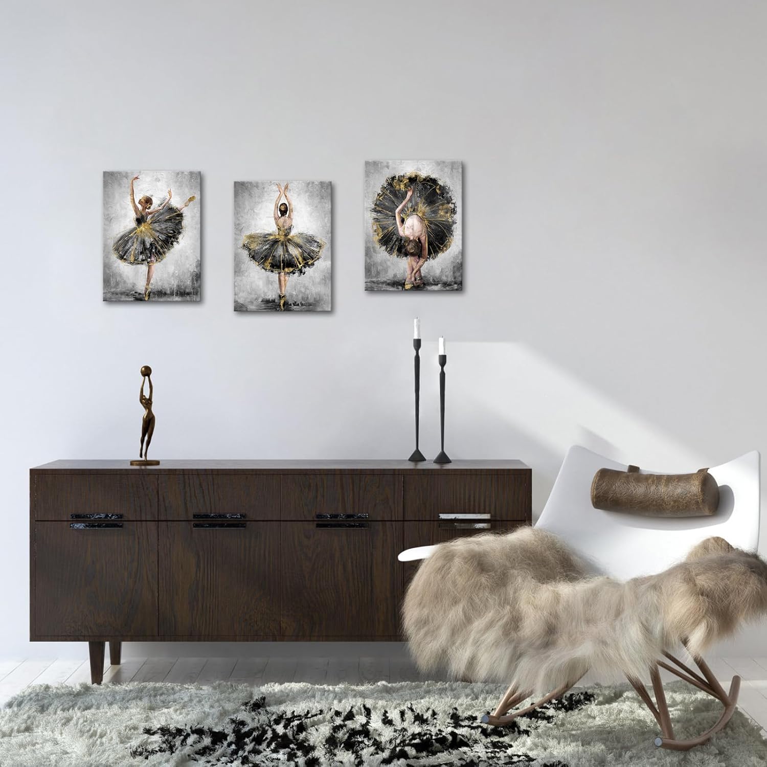 iHAPPYWALL 3 Pieces Ballerina Wall Art Elegant Ballet Girl Dancer Grey and Gold Contemporary Artwork for Bedroom Dance Room Living Room Ready to Hang 12x16inchx3pcs