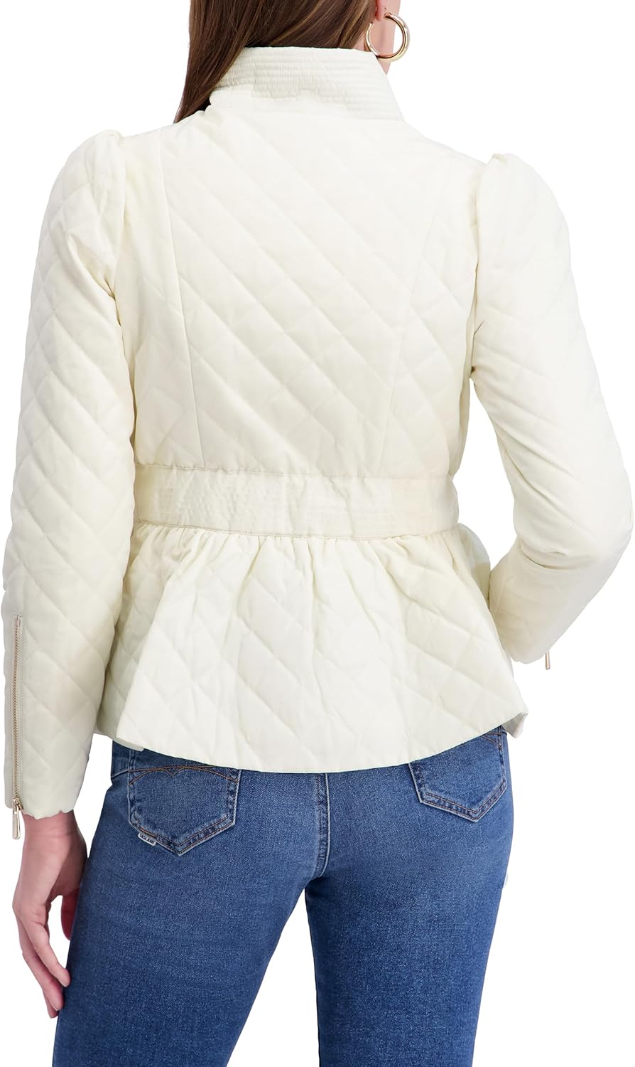 kensie womens Outerwear Short Quilted Puffer Jacket With Puff Sleeves & Tie Belt - Image 4