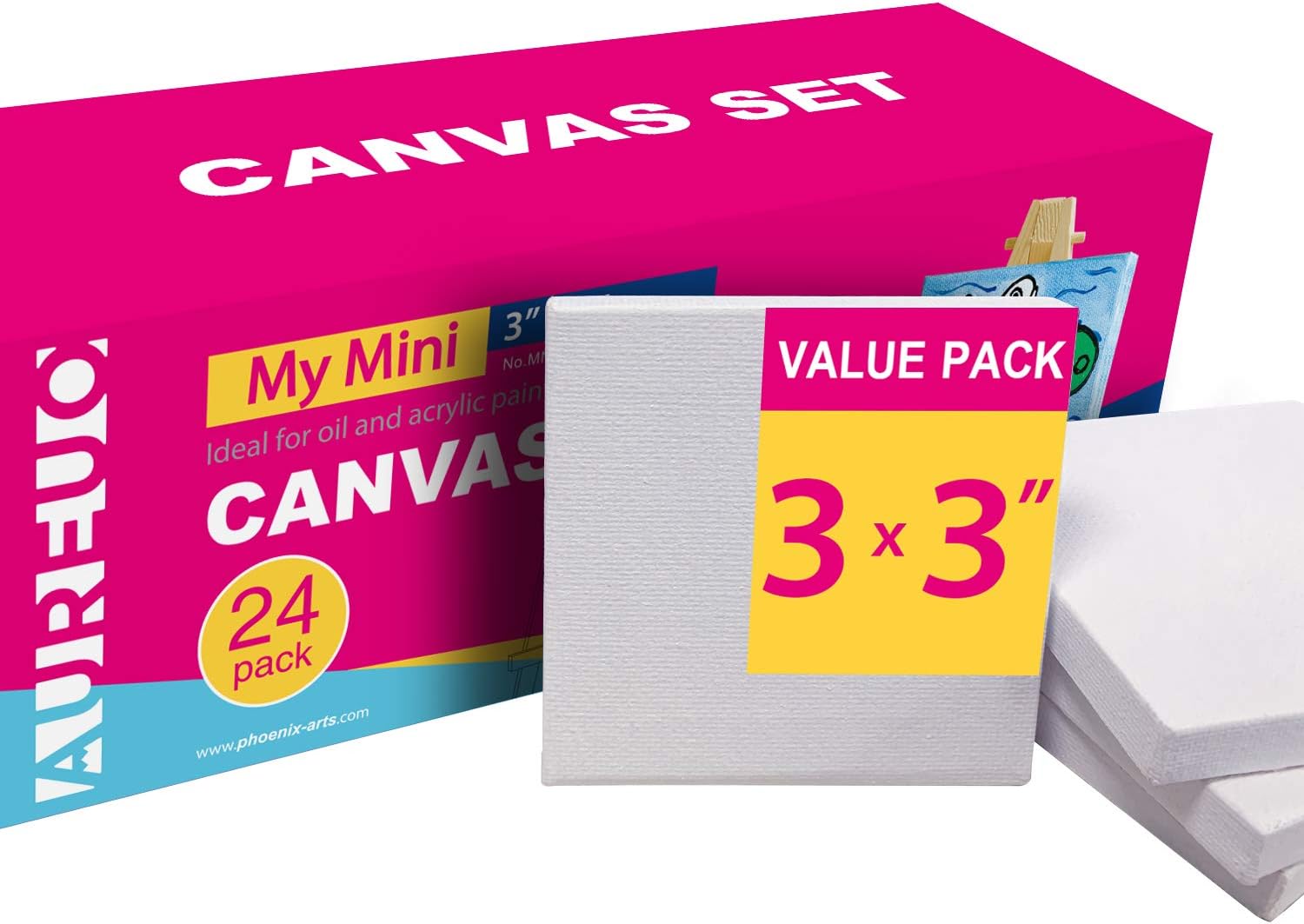 AUREUO Mini Stretched Canvas - 3x3 Inch/24 Pack - 2/5 Inch Profile Tiny Square Canvas Boards for Painting - Art Gift Set Bulk Pack Canvases for Acrylic Halloween Painting & Craft