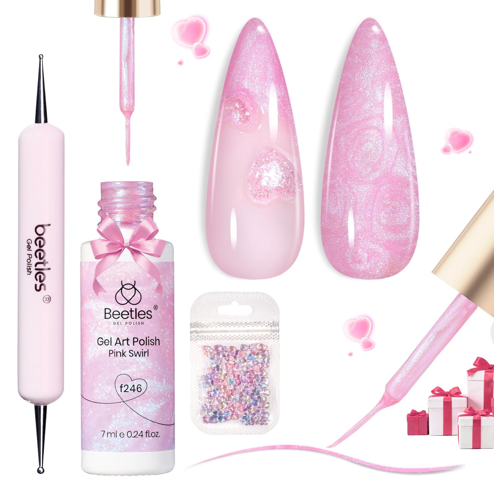 Beetles Pearl Pink Gel Nail Polish,Pearlescent Pink Mermaid Nail Drawing Gel Nail Art Polish Soak Off Uv Led Shimmer Liner Nails Art with Dotting Pen