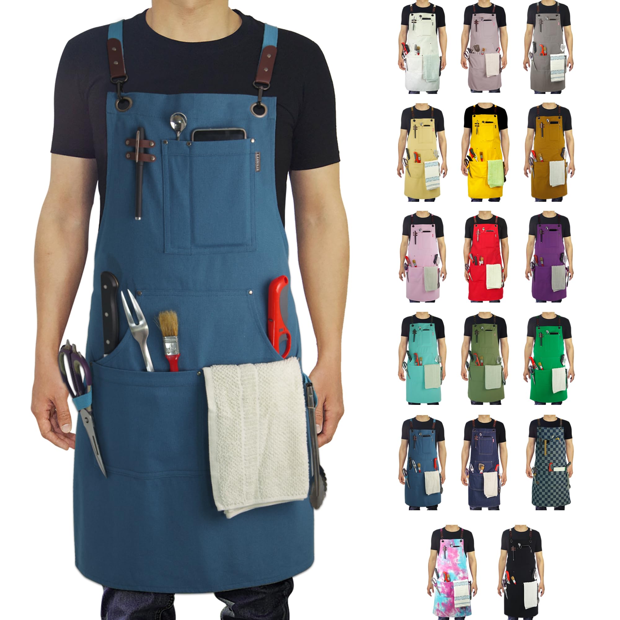 Stenffy Kitchen Apron, Work Apron, Canvas, Multiple Pockets, Gardening, Painting, BBQ, Artist, Carpenter, Sizes M to XXL, Blue