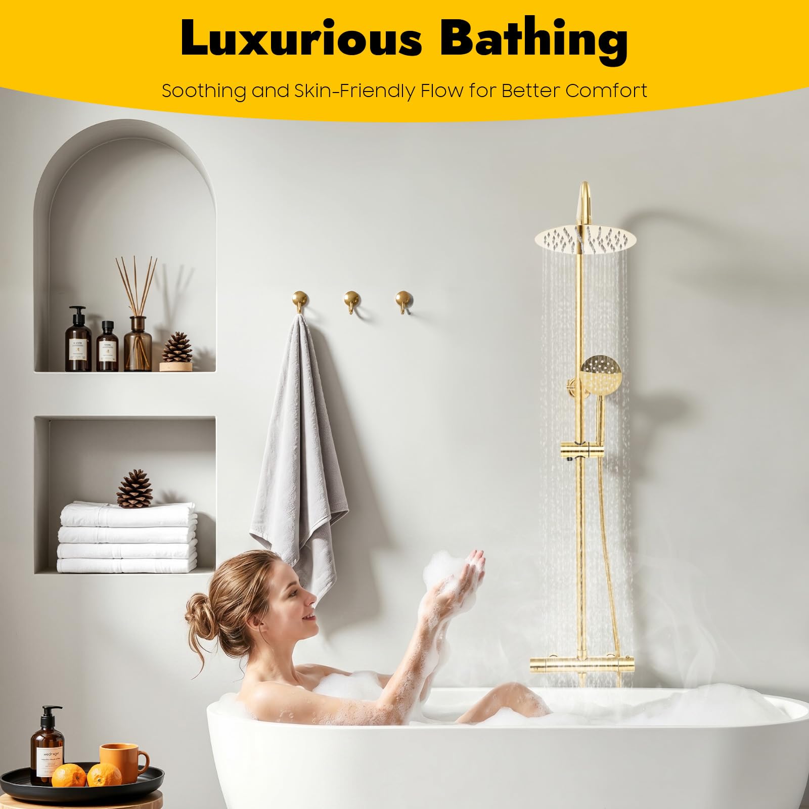 Colonna doccia Termostatica Oro, Doccia A Pioggia A Parete 7,87 Pollici 360° con Doccetta 2 Modalità e Flessibile 1,5 m, Miscelatore A Parete Ottone Inox 304 per Bagno