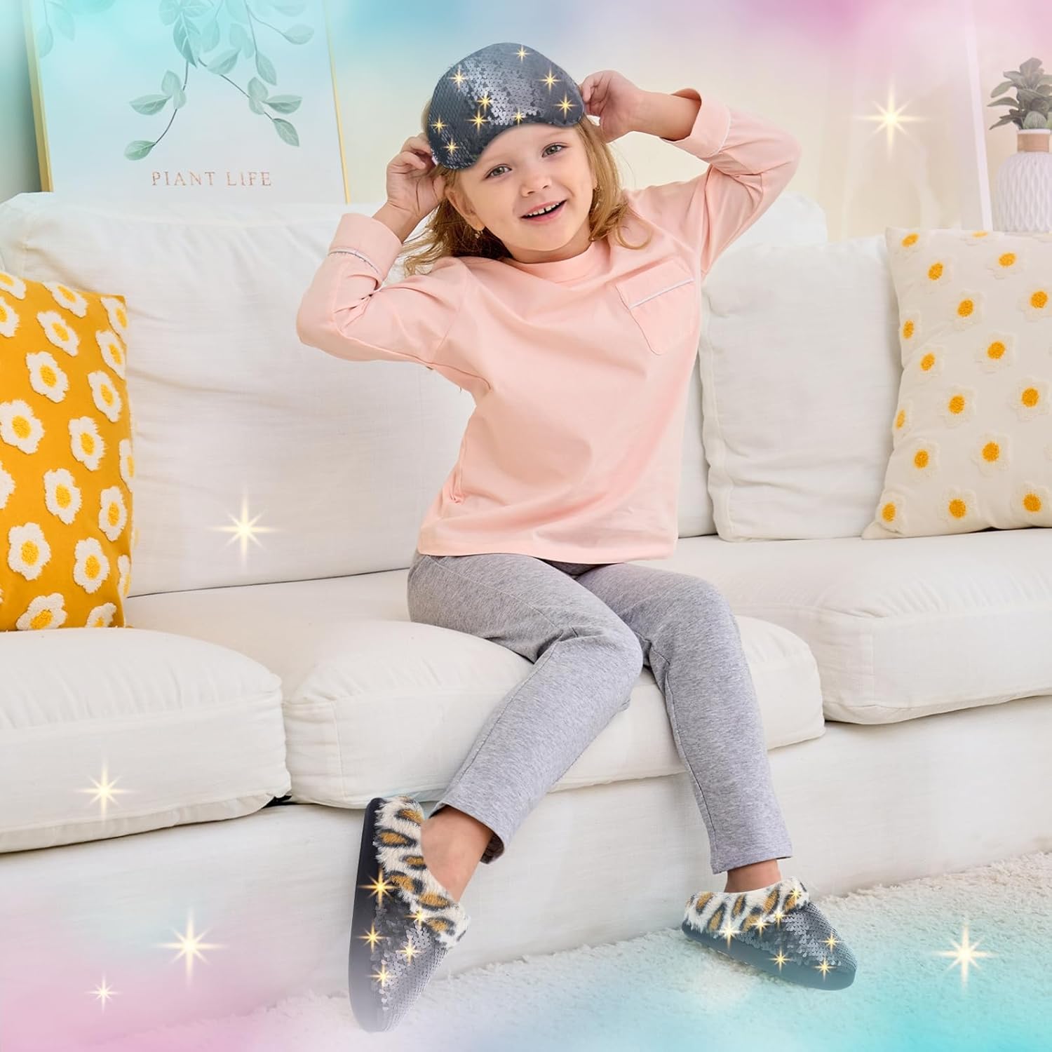 Girls Plush Sequin Slippers With Sleep Mask, Cute Faux Fur Slip-on Shoes Memory Foam House Shoes for Girls Bedroom Slippers - Image 2