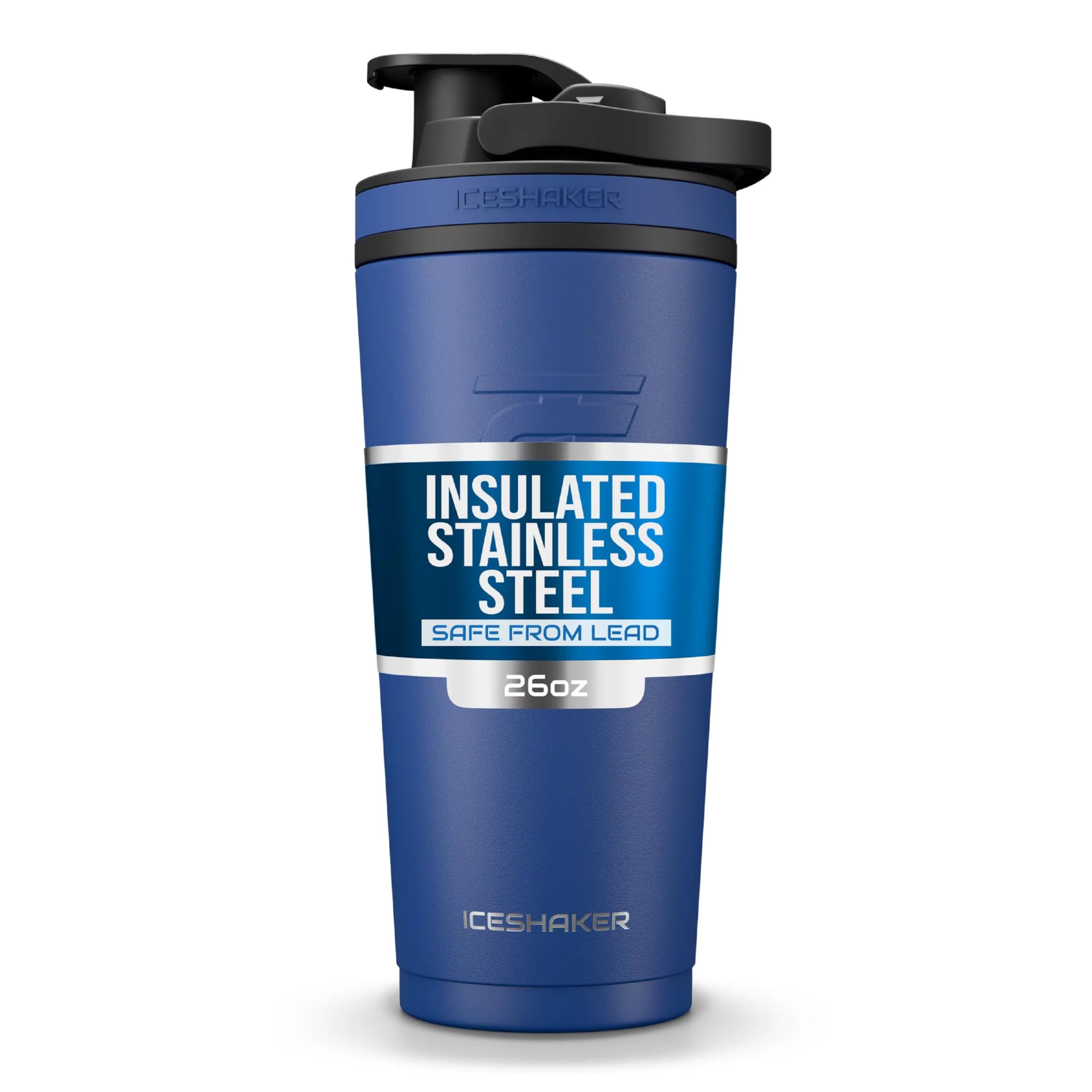 Ice Shaker Insulated Stainless Steel Shaker Bottle | 26oz, Navy | Cold for 30+ Hours | Insulated Cup with Twist-on Agitator | Odor-Free Bottle for Protein Shakes, Water, Smoothies, Cocktails