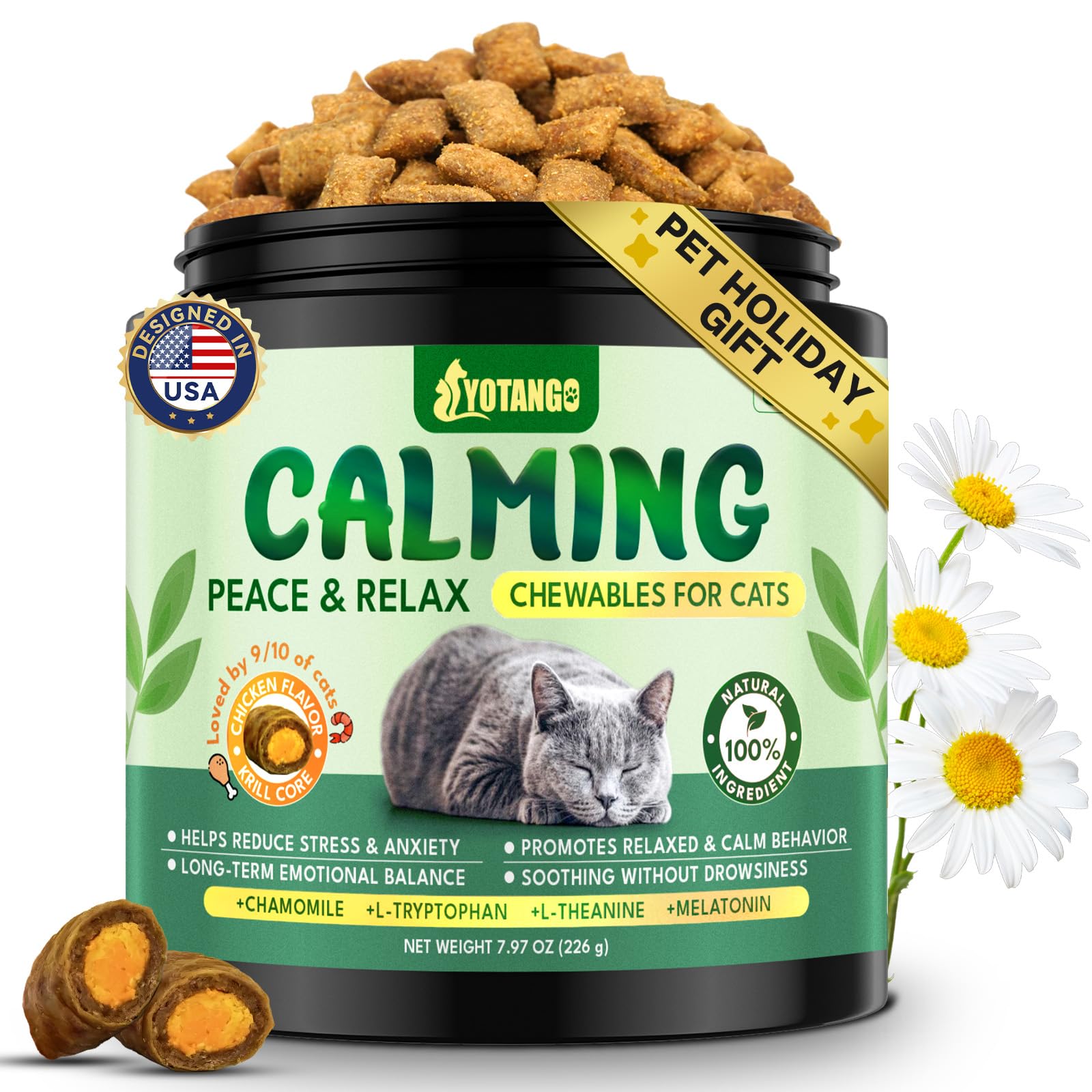 YOTANGO Cat Calming Treats – 500 Crunchy Calming Chews for Cats Kittens, Anxiety Relief & Stress Reduction for Travel, Thunder, Vet Visits, with Chamomile, L-Theanine & L-Tryptophan (Chicken Flavor)