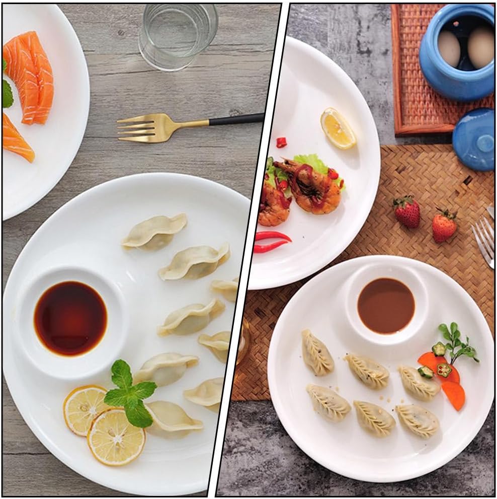 9-Inch White Ceramic in-Dish Serving Plate with Sauce Compartment for Dumplings Snacks and Appetizers - Elegant Dining Solution