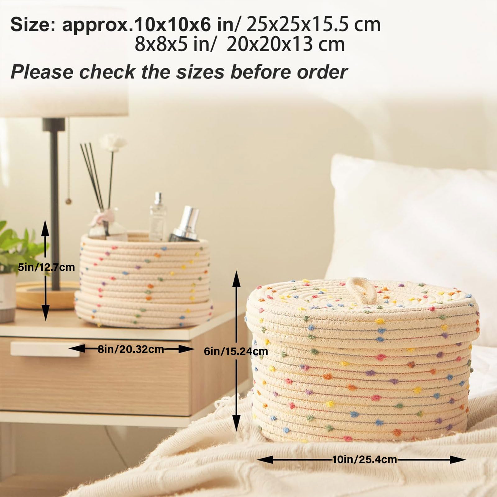 Paquete de 2 cestas de almacenamiento de cuerda de algodón resistentes con tapa para organizar llaves de cuerda y juguetes en elegantes diseños de color para sala de estar