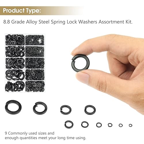 Miniatura 5 de 1000 arandelas de bloqueo de acero aleado de grado 8.8, 9 tamaños de arandelas de resorte y bloqueo dividido, kit surtido (M2-M12)