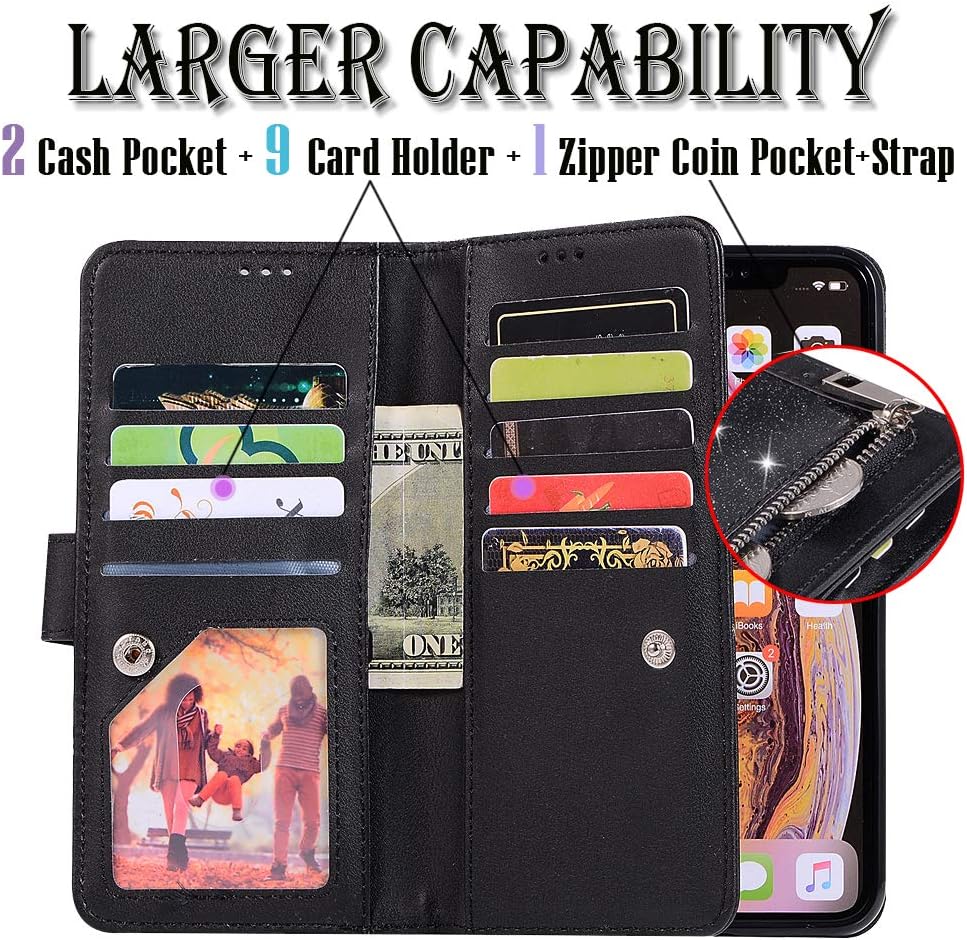 Auker iPhone XR Bling Wallet Case with Strap for Women, 9 Card Holder Folio Flip Glitter Leather Zipper Wallet Case w/Fold Stand&Money Pocket Sparkly Full Protective Purse Case for iPhone XR (Black)