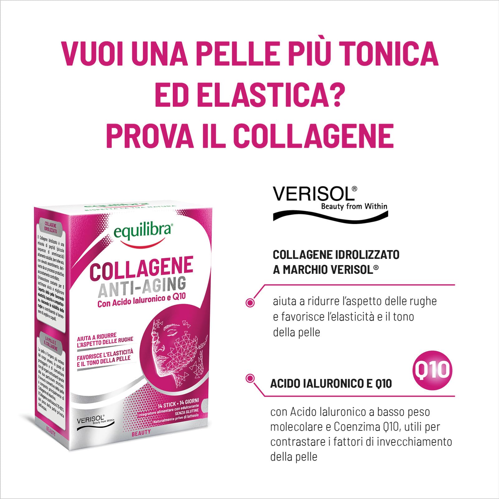 Equilibra Collagene Anti-Aging Integratore Alimentare in Polvere con Acido Ialuronico e Coenzima Q10 Anti Rughe per Elasticità e Tono della Pelle Senza Glutine - 42 Stick Monodose