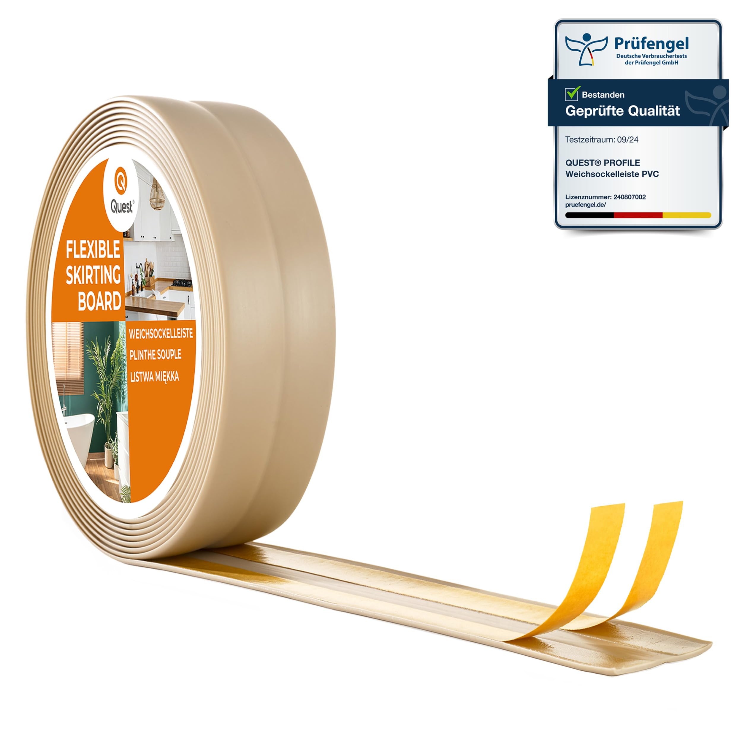 Quest Listwa wykończeniowa samoprzylepna PVC 15x15 mm – beżowy, 25 m | Miękka taśma dekoracyjna elastyczna, maskowanie szczelin i łączeń, do domu i biura, odporna na wilgoć, łatwe cięcie